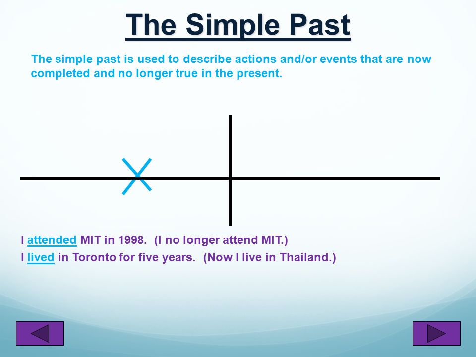 The Simple Past We use the simple past to indicate exactly when an action or event took place in the past.