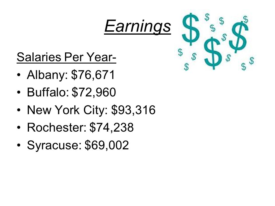 Earnings Salaries Per Year- Albany: $76,671 Buffalo: $72,960 New York City: $93,316 Rochester: $74,238 Syracuse: $69,002