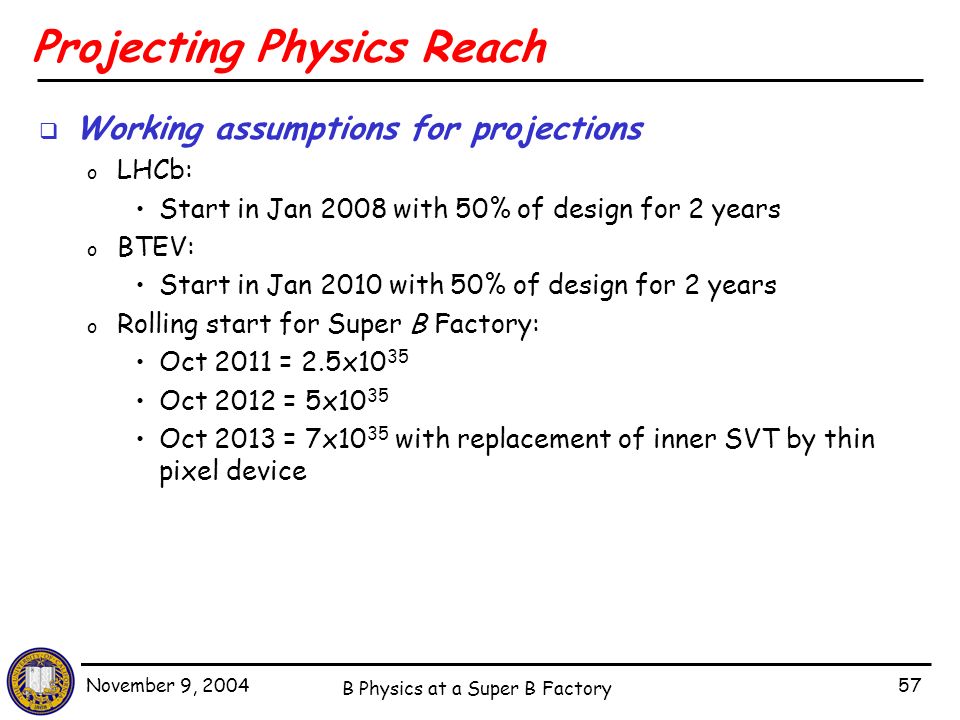 November 9, 2004 B Physics at a Super B Factory 57 Projecting Physics Reach  Working assumptions for projections o LHCb: Start in Jan 2008 with 50% of design for 2 years o BTEV: Start in Jan 2010 with 50% of design for 2 years o Rolling start for Super B Factory: Oct 2011 = 2.5x10 35 Oct 2012 = 5x10 35 Oct 2013 = 7x10 35 with replacement of inner SVT by thin pixel device