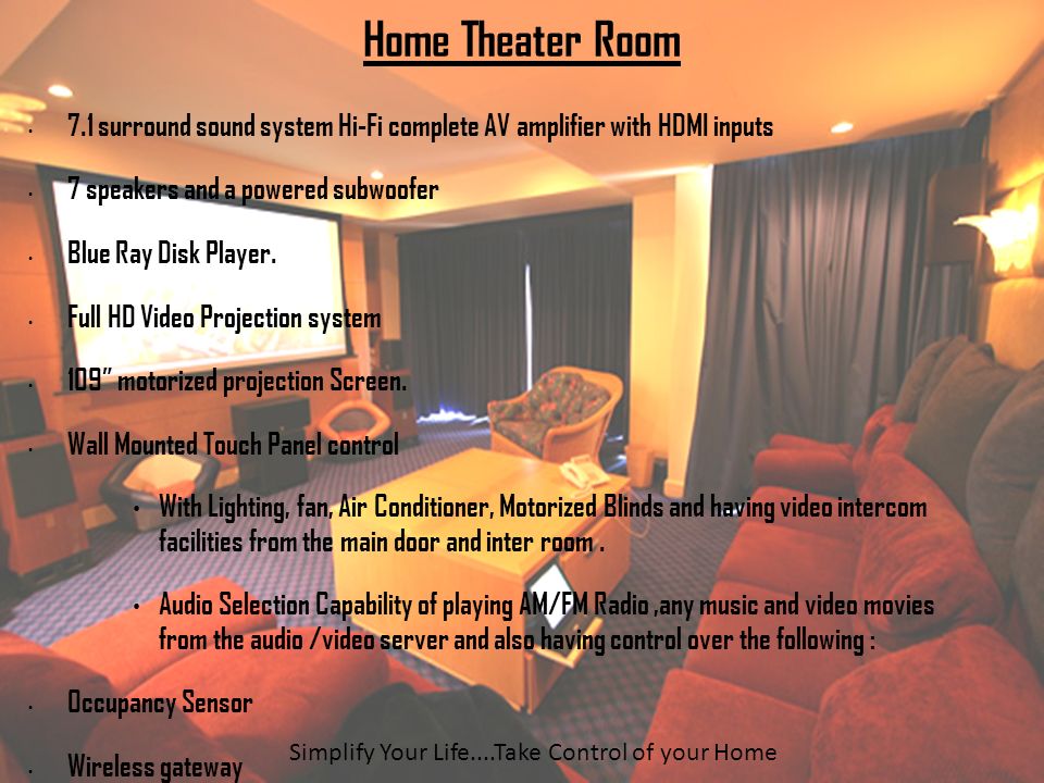 Home Theater Room 7.1 surround sound system Hi-Fi complete AV amplifier with HDMI inputs 7 speakers and a powered subwoofer Blue Ray Disk Player.