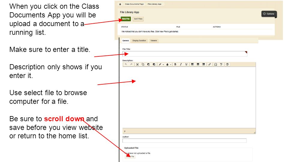 When you click on the Class Documents App you will be upload a document to a running list.