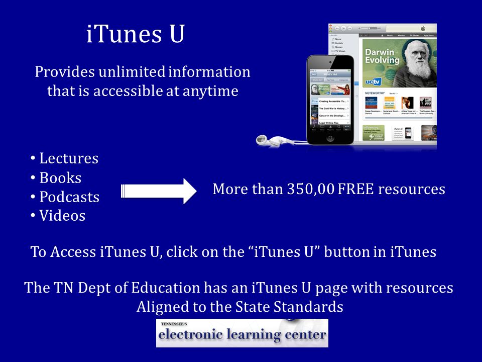 iTunes U Provides unlimited information that is accessible at anytime Lectures Books Podcasts Videos More than 350,00 FREE resources To Access iTunes U, click on the iTunes U button in iTunes The TN Dept of Education has an iTunes U page with resources Aligned to the State Standards