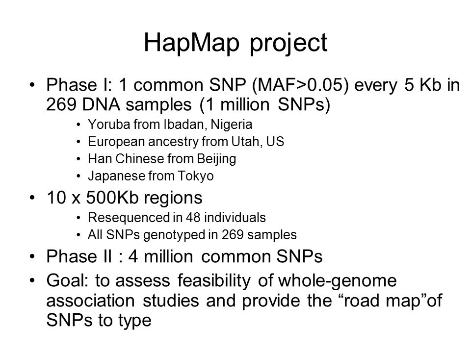 HapMap project Phase I: 1 common SNP (MAF>0.05) every 5 Kb in 269 DNA samples (1 million SNPs) Yoruba from Ibadan, Nigeria European ancestry from Utah, US Han Chinese from Beijing Japanese from Tokyo 10 x 500Kb regions Resequenced in 48 individuals All SNPs genotyped in 269 samples Phase II : 4 million common SNPs Goal: to assess feasibility of whole-genome association studies and provide the road map of SNPs to type