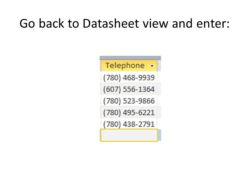 Go back to Datasheet view and enter: