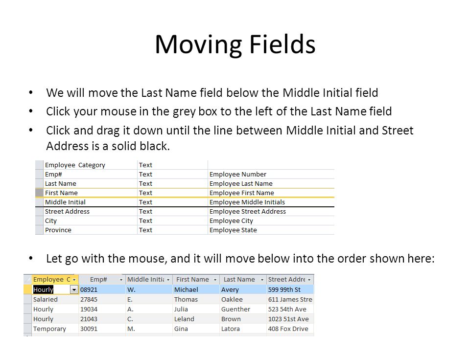 Moving Fields We will move the Last Name field below the Middle Initial field Click your mouse in the grey box to the left of the Last Name field Click and drag it down until the line between Middle Initial and Street Address is a solid black.