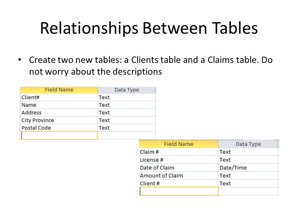 Relationships Between Tables Create two new tables: a Clients table and a Claims table.