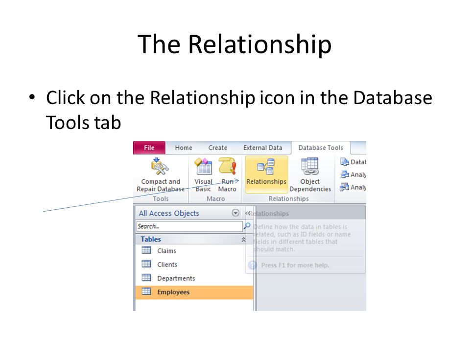 The Relationship Click on the Relationship icon in the Database Tools tab
