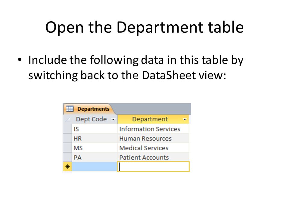 Open the Department table Include the following data in this table by switching back to the DataSheet view: