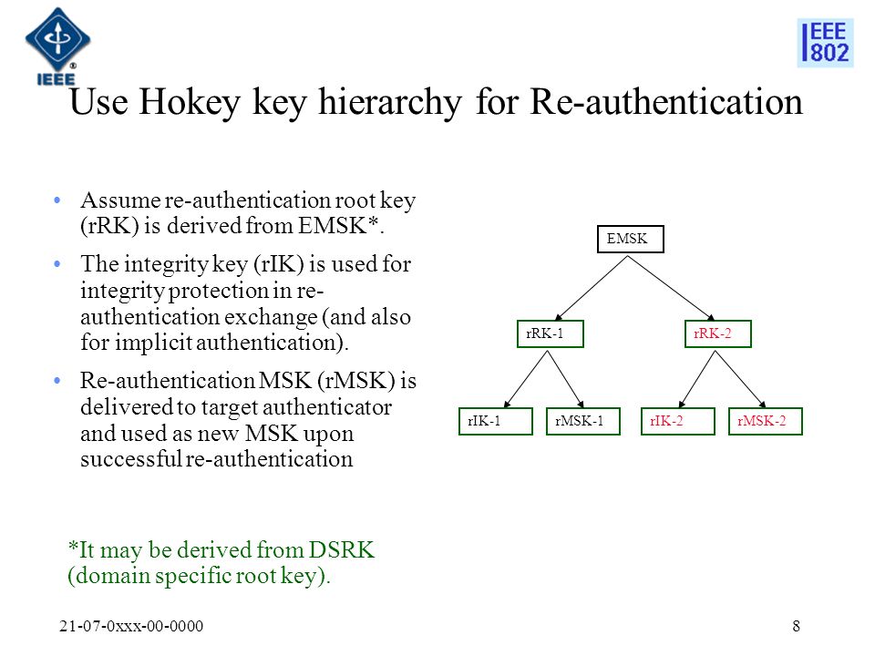 xxx Use Hokey key hierarchy for Re-authentication Assume re-authentication root key (rRK) is derived from EMSK*.