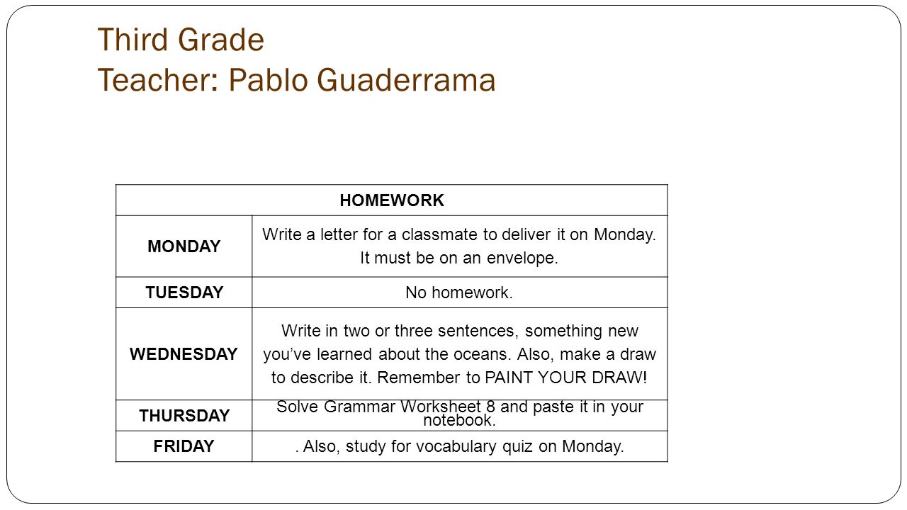 Third Grade Teacher: Pablo Guaderrama HOMEWORK MONDAY Write a letter for a classmate to deliver it on Monday.