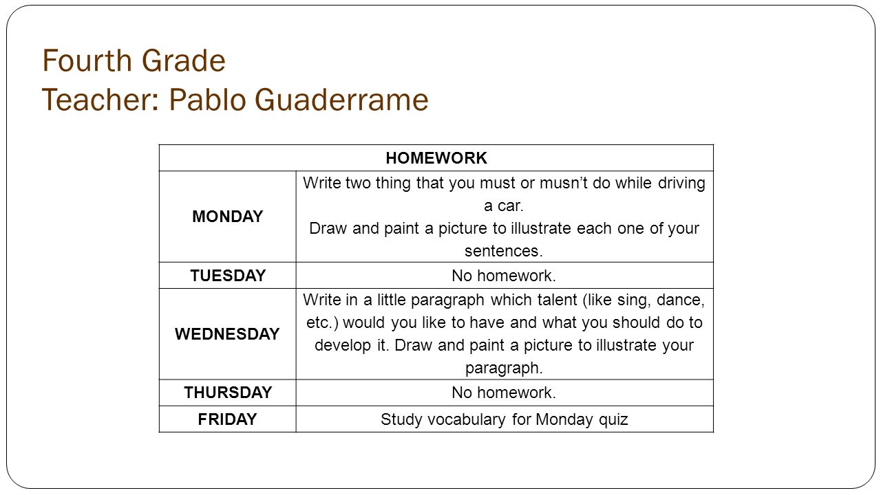 Fourth Grade Teacher: Pablo Guaderrame HOMEWORK MONDAY Write two thing that you must or musn’t do while driving a car.