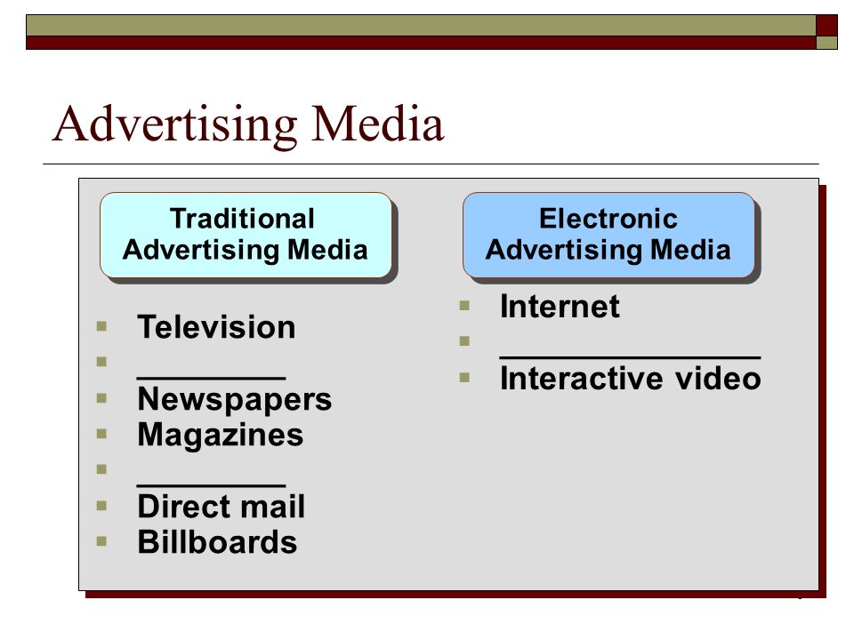 5 Advertising Media Traditional Advertising Media Traditional Advertising Media Electronic Advertising Media  Television  ________  Newspapers  Magazines  ________  Direct mail  Billboards  Internet  ______________  Interactive video