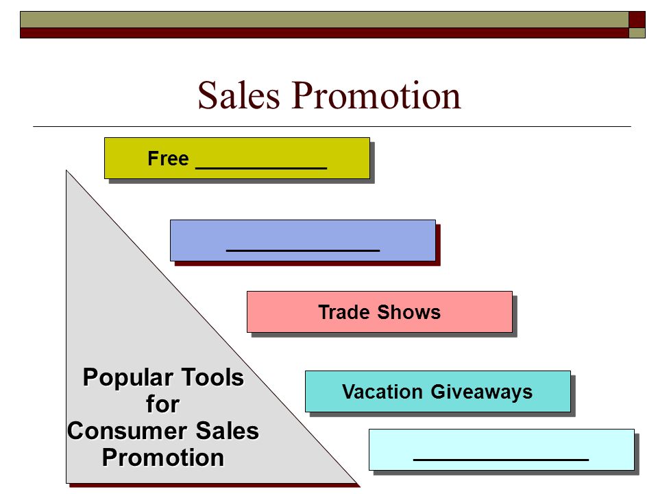 9 Sales Promotion Free ____________ ______________ Trade Shows Vacation Giveaways ________________ Popular Tools for Consumer Sales Promotion Popular Tools for Consumer Sales Promotion