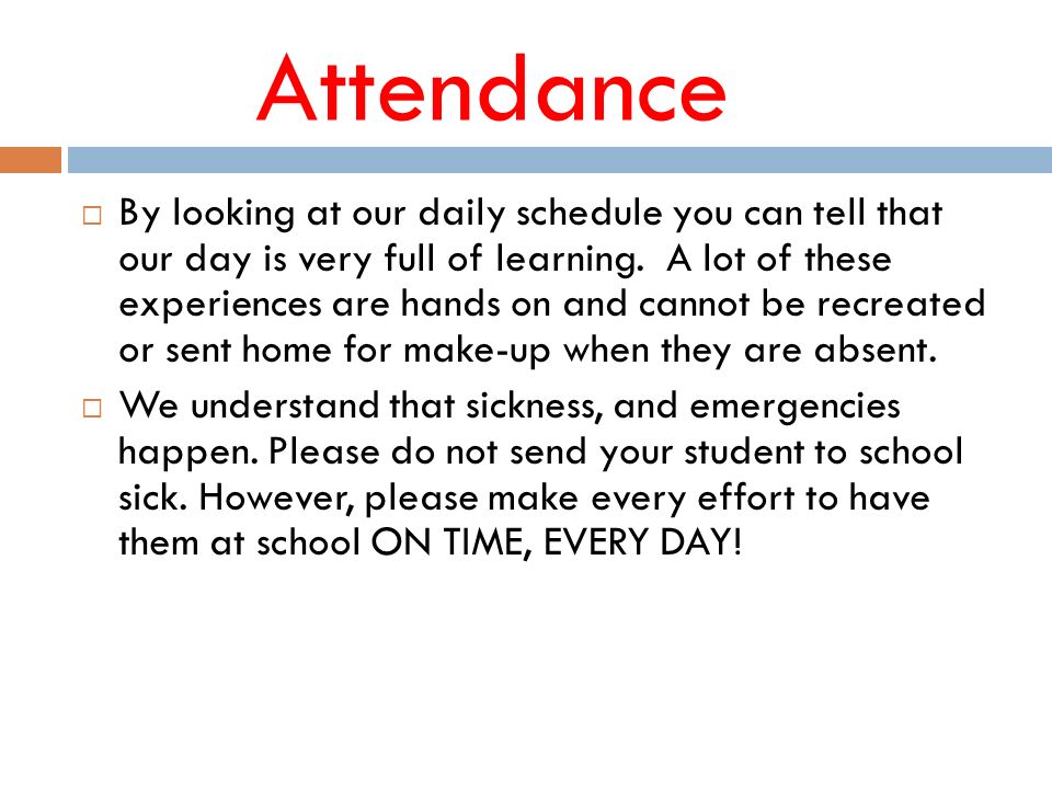 Attendance  By looking at our daily schedule you can tell that our day is very full of learning.