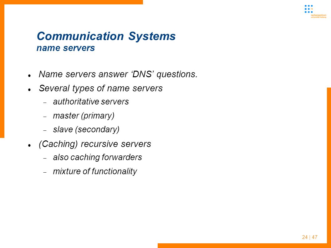 24 | 47 Communication Systems name servers Name servers answer ‘DNS’ questions.