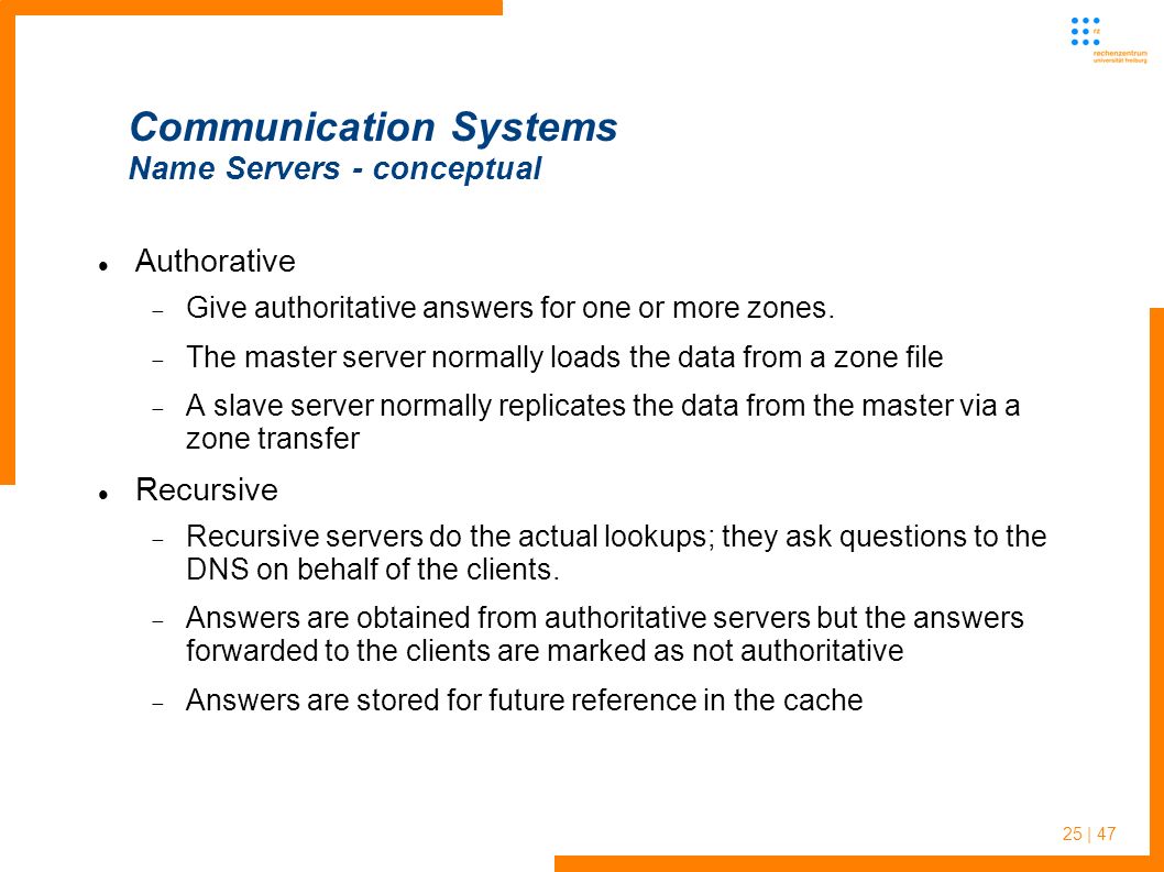 25 | 47 Communication Systems Name Servers - conceptual Authorative  Give authoritative answers for one or more zones.