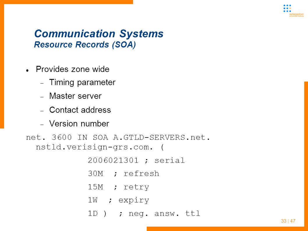 33 | 47 Communication Systems Resource Records (SOA) Provides zone wide  Timing parameter  Master server  Contact address  Version number net.
