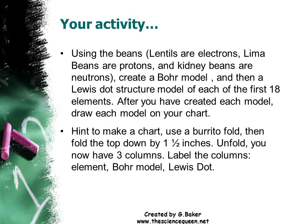 Created by G.Baker   Your activity… Using the beans (Lentils are electrons, Lima Beans are protons, and kidney beans are neutrons), create a Bohr model, and then a Lewis dot structure model of each of the first 18 elements.