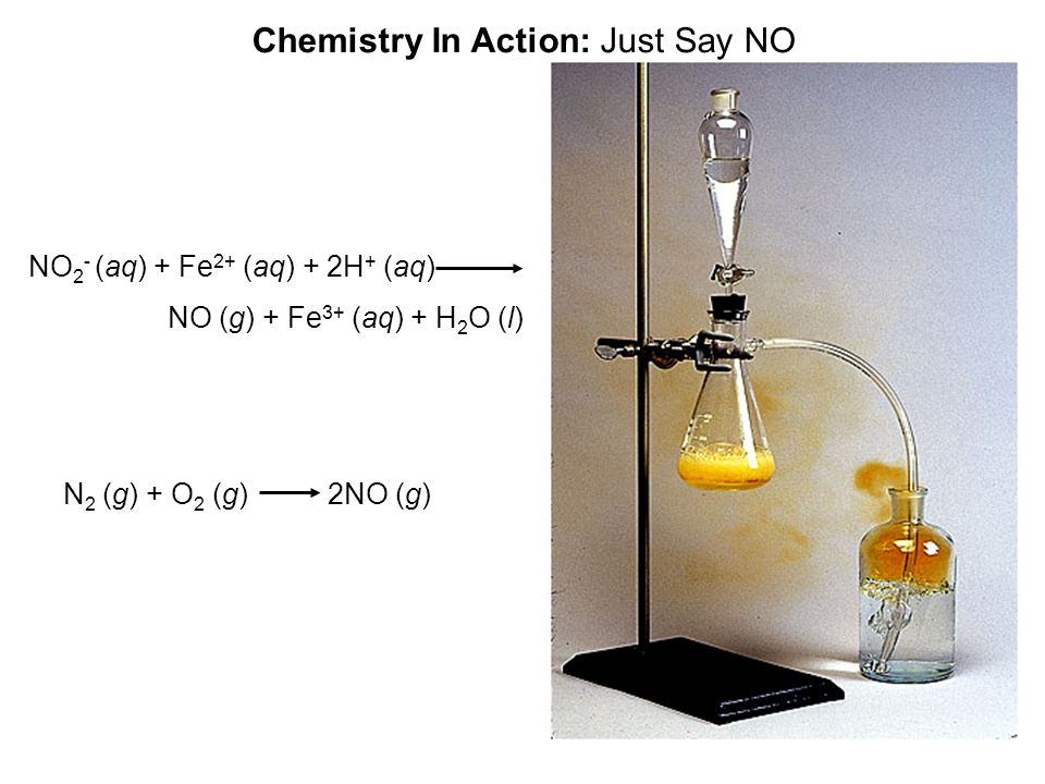 30 Chemistry In Action: Just Say NO NO 2 - (aq) + Fe 2+ (aq) + 2H + (aq) NO (g) + Fe 3+ (aq) + H 2 O (l) N 2 (g) + O 2 (g) 2NO (g)