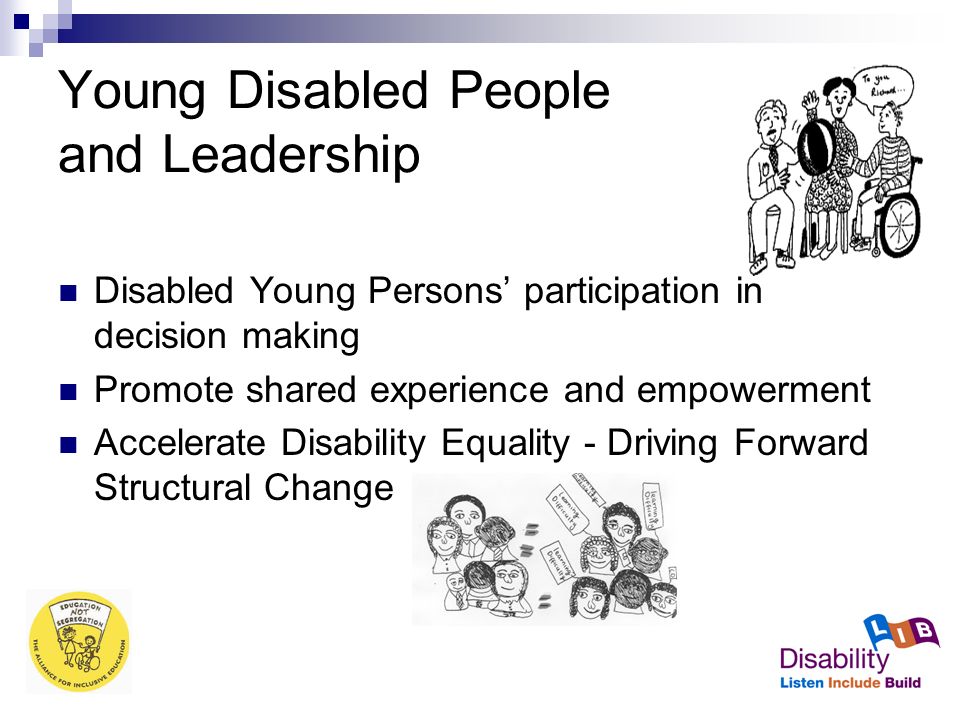 Young Disabled People and Leadership Disabled Young Persons’ participation in decision making Promote shared experience and empowerment Accelerate Disability Equality - Driving Forward Structural Change