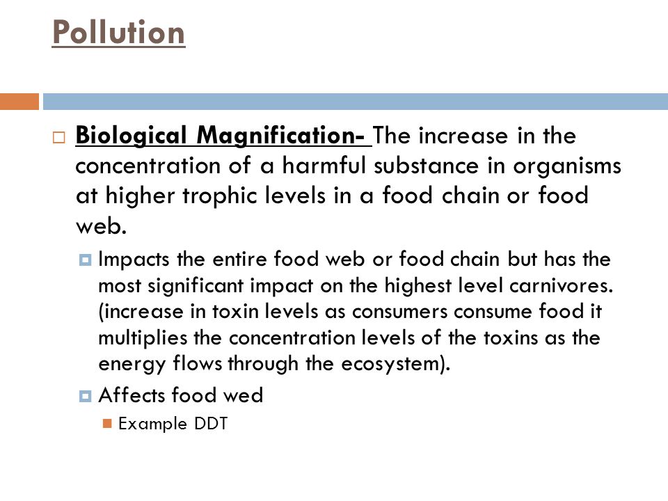 Pollution  Biological Magnification- The increase in the concentration of a harmful substance in organisms at higher trophic levels in a food chain or food web.