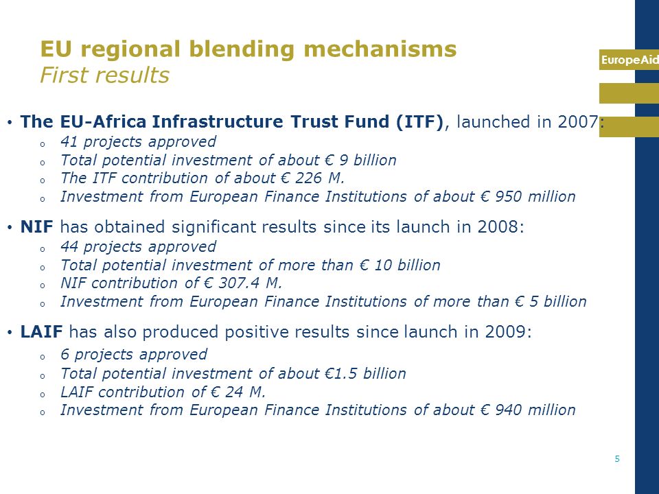 EuropeAid 5 EU regional blending mechanisms First results The EU-Africa Infrastructure Trust Fund (ITF), launched in 2007: o 41 projects approved o Total potential investment of about € 9 billion o The ITF contribution of about € 226 M.