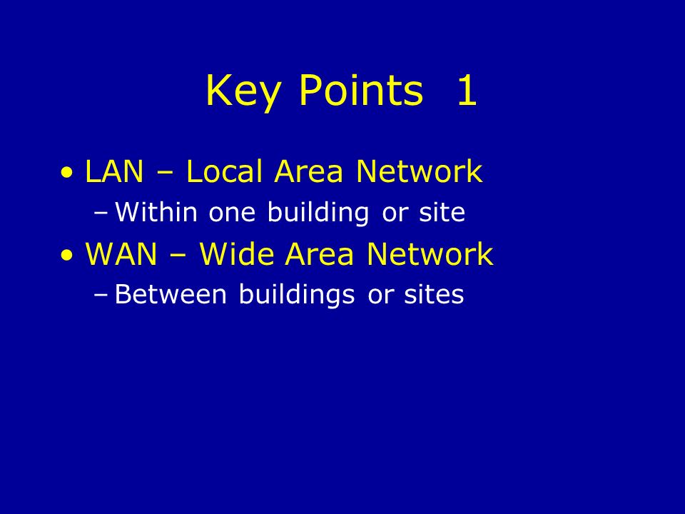 Key Points 1 LAN – Local Area Network –Within one building or site WAN – Wide Area Network –Between buildings or sites