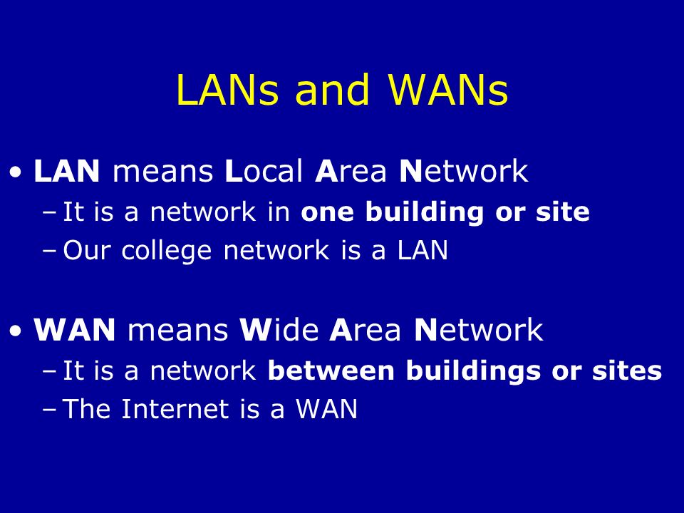 LANs and WANs LAN means Local Area Network –It is a network in one building or site –Our college network is a LAN WAN means Wide Area Network –It is a network between buildings or sites –The Internet is a WAN