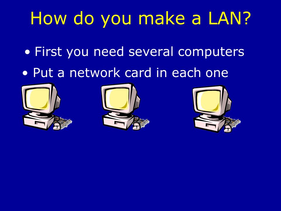 How do you make a LAN First you need several computers Put a network card in each one