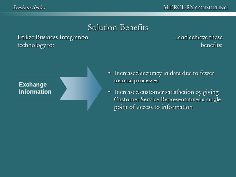 Seminar Series Seminar Series MERCURY CONSULTING Solution Benefits Exchange Information Increased accuracy in data due to fewer manual processesIncreased accuracy in data due to fewer manual processes Increased customer satisfaction by giving Customer Service Representatives a single point of access to informationIncreased customer satisfaction by giving Customer Service Representatives a single point of access to information Utilize Business Integration technology to:...and achieve these benefits: