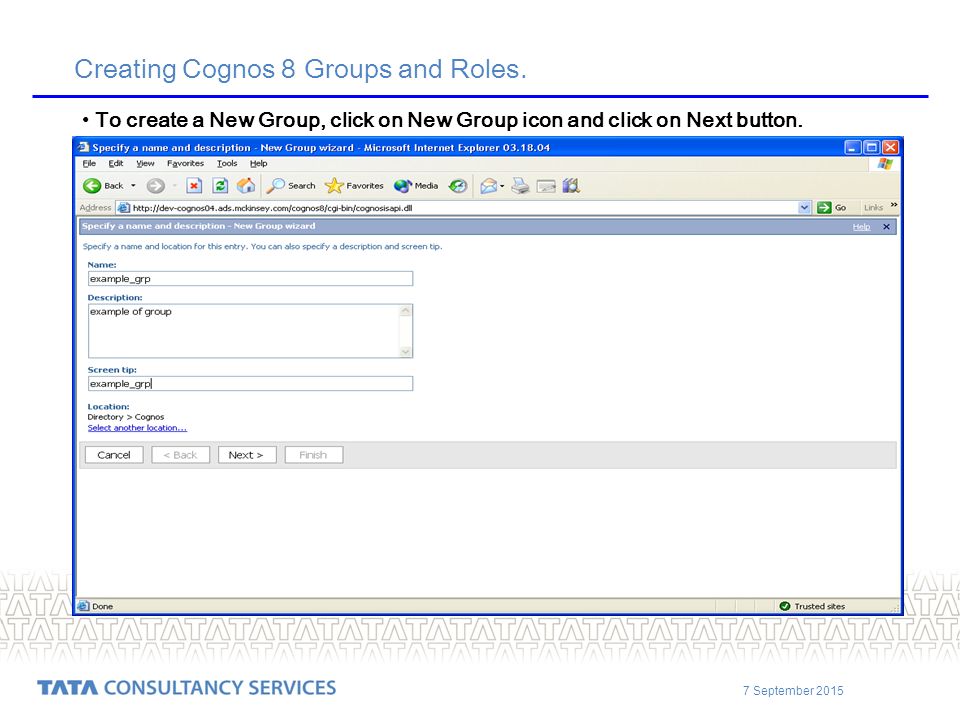 7 September 2015 Creating Cognos 8 Groups and Roles.