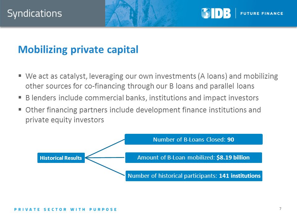 Mobilizing private capital  We act as catalyst, leveraging our own investments (A loans) and mobilizing other sources for co-financing through our B loans and parallel loans  B lenders include commercial banks, institutions and impact investors  Other financing partners include development finance institutions and private equity investors 7 Historical Results Number of B-Loans Closed: 90 Amount of B-Loan mobilized: $8.19 billion Number of historical participants: 141 institutions