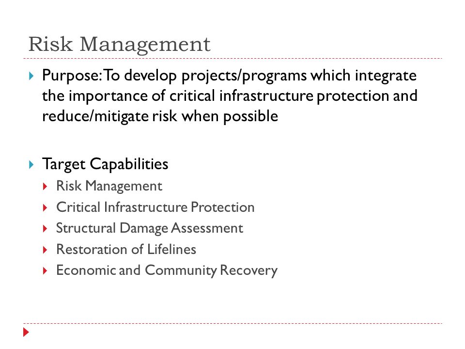 Risk Management  Purpose: To develop projects/programs which integrate the importance of critical infrastructure protection and reduce/mitigate risk when possible  Target Capabilities  Risk Management  Critical Infrastructure Protection  Structural Damage Assessment  Restoration of Lifelines  Economic and Community Recovery