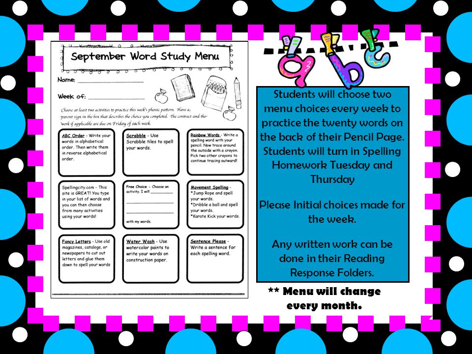 Students will choose two menu choices every week to practice the twenty words on the back of their Pencil Page.