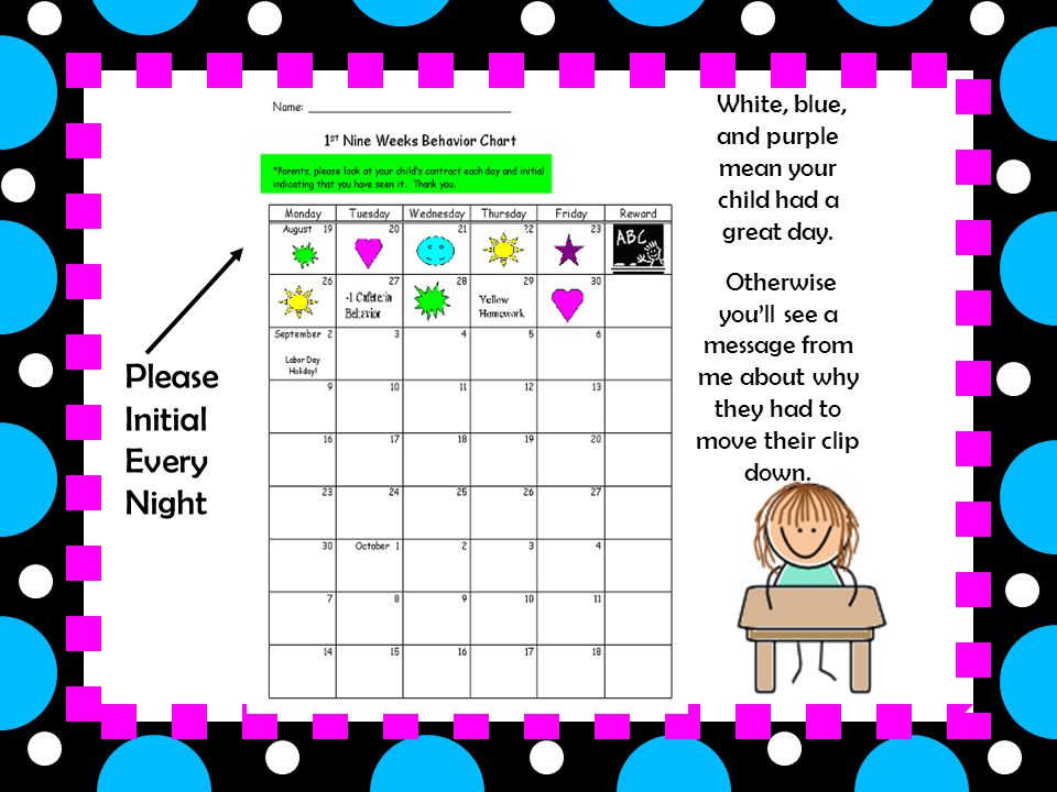 Please Initial Every Night White, blue, and purple mean your child had a great day.