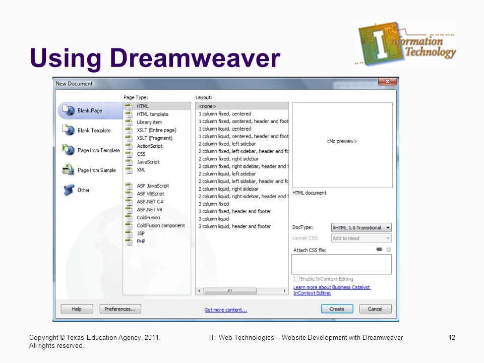Using Dreamweaver IT: Web Technologies – Website Development with Dreamweaver12Copyright © Texas Education Agency, 2011.