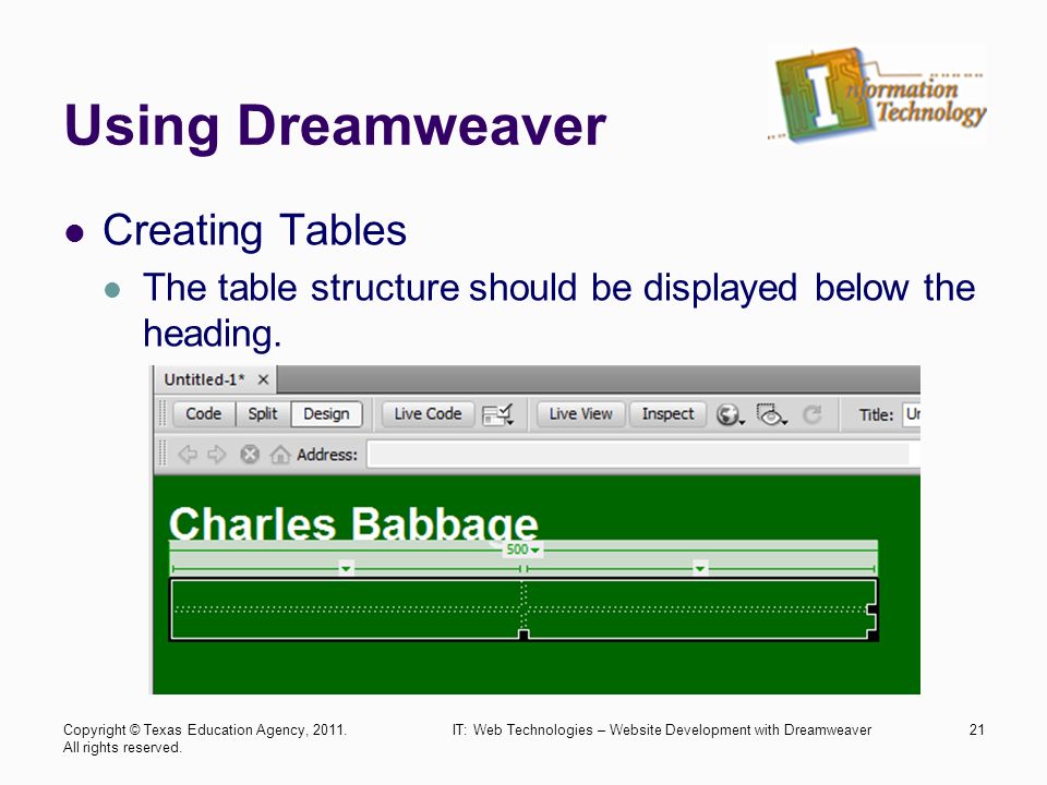 Using Dreamweaver Creating Tables The table structure should be displayed below the heading.