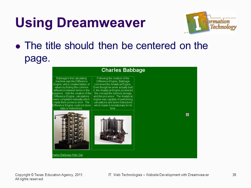 Using Dreamweaver The title should then be centered on the page.