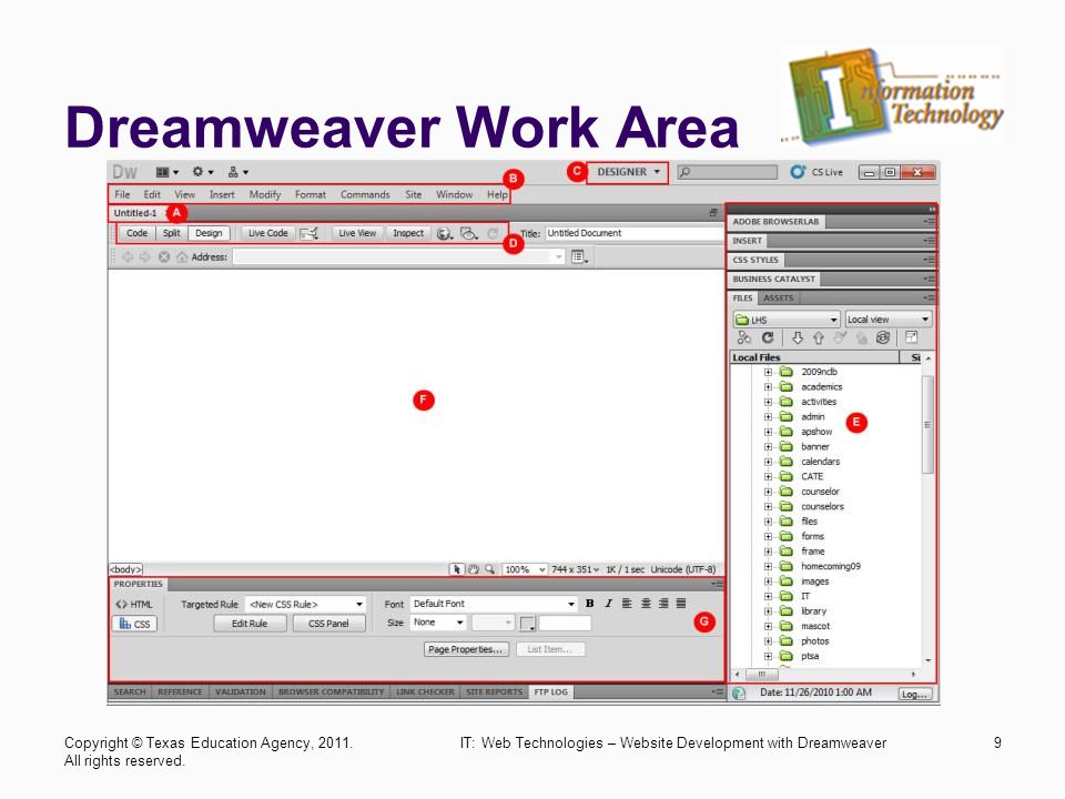Dreamweaver Work Area IT: Web Technologies – Website Development with Dreamweaver9Copyright © Texas Education Agency, 2011.