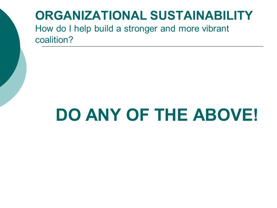 ORGANIZATIONAL SUSTAINABILITY How do I help build a stronger and more vibrant coalition.