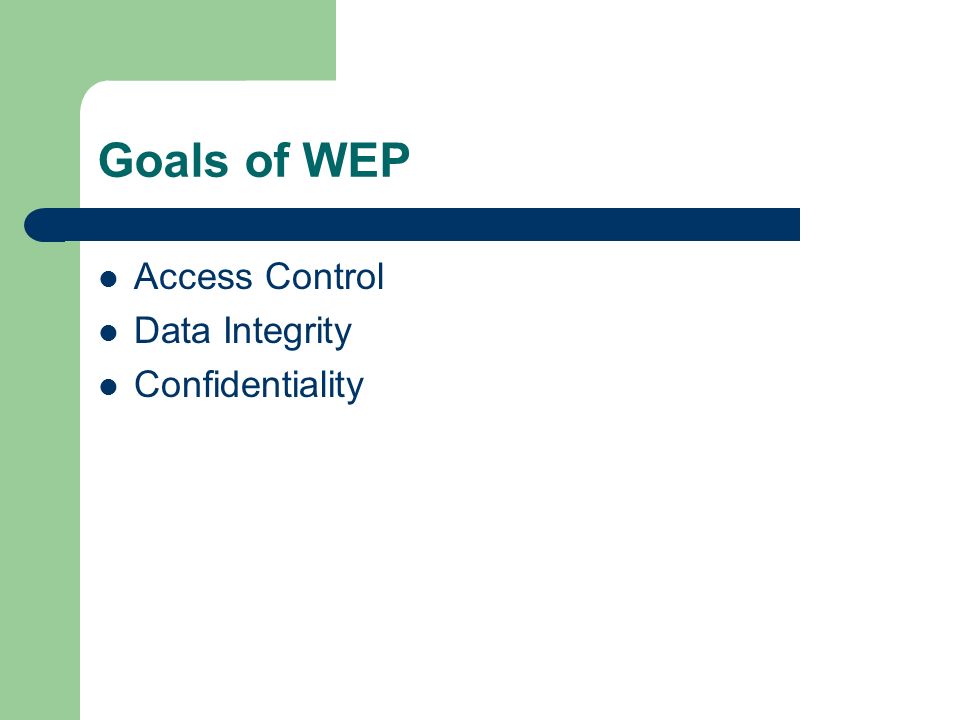 Goals of WEP Access Control Data Integrity Confidentiality