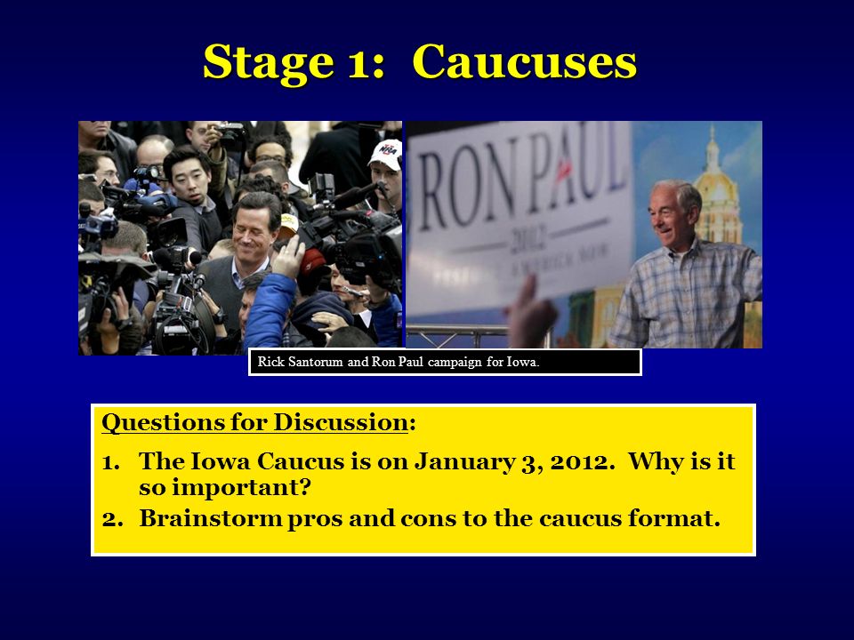 Stage 1: Caucuses Rick Santorum and Ron Paul campaign for Iowa.