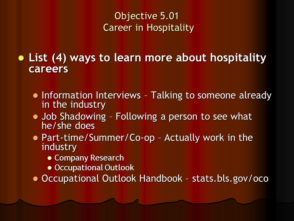 hospitality operations objective 5 01 careers in hospitality list of hospitality careers