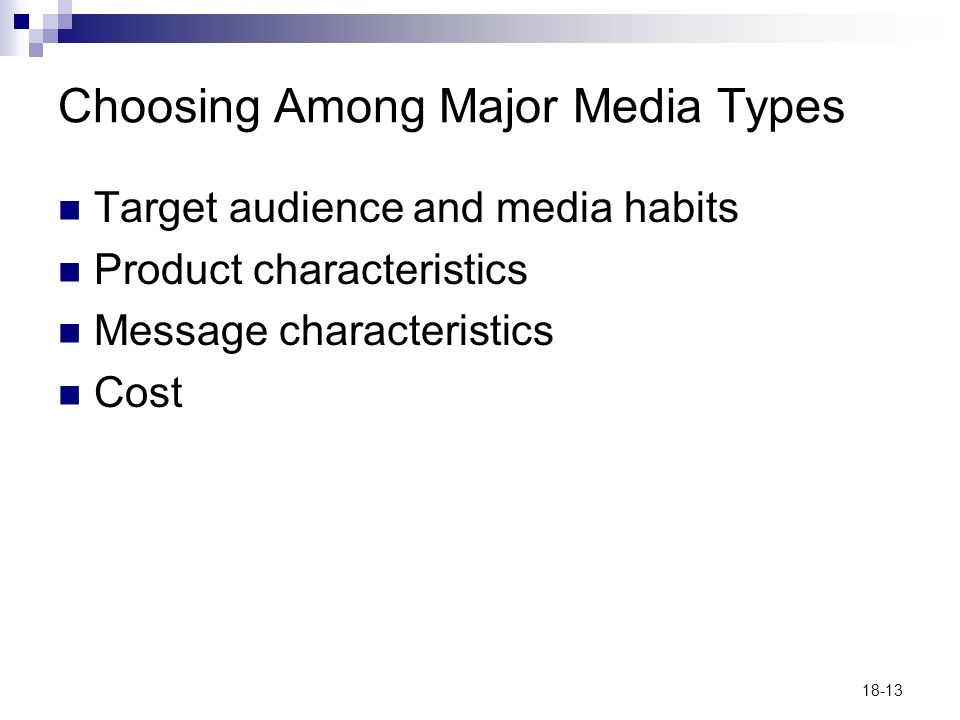18-13 Choosing Among Major Media Types Target audience and media habits Product characteristics Message characteristics Cost