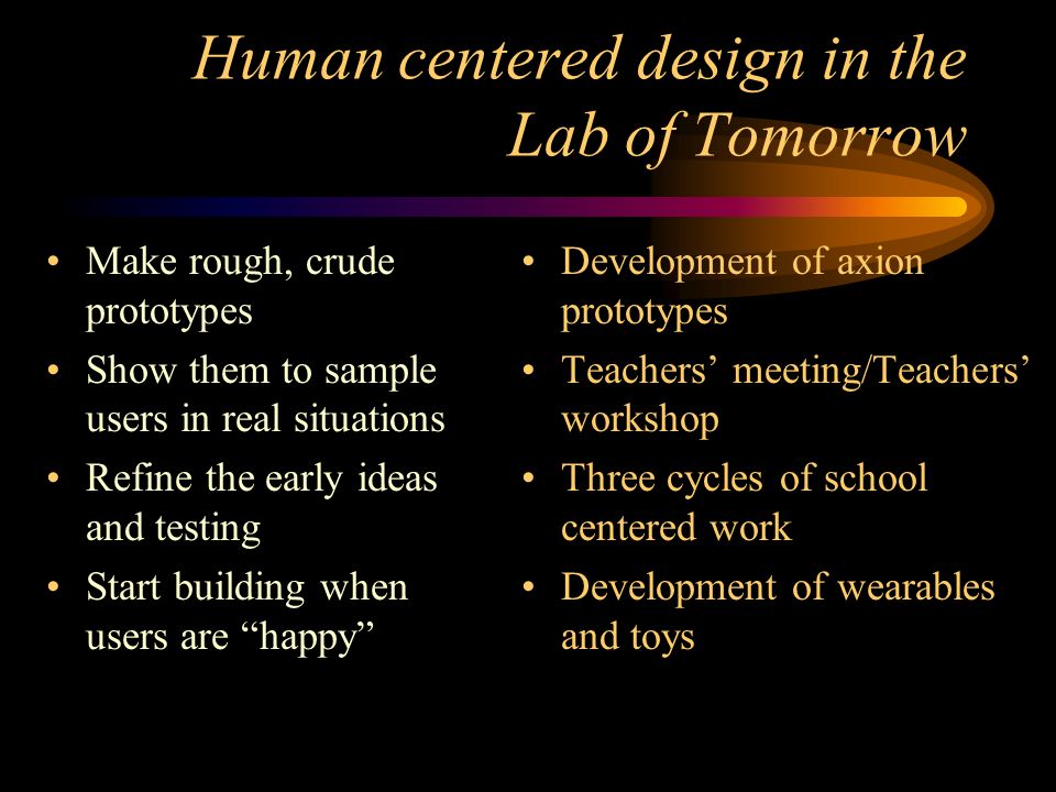 Human centered design in the Lab of Tomorrow Make rough, crude prototypes Show them to sample users in real situations Refine the early ideas and testing Start building when users are happy Development of axion prototypes Teachers’ meeting/Teachers’ workshop Three cycles of school centered work Development of wearables and toys
