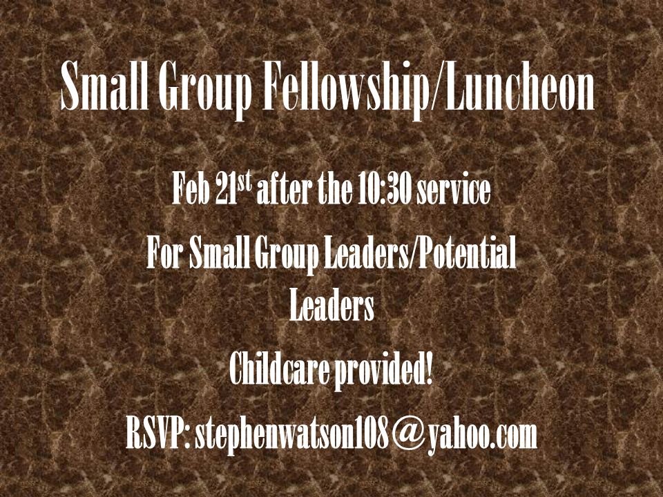 Small Group Fellowship/Luncheon Feb 21 st after the 10:30 service For Small Group Leaders/Potential Leaders Childcare provided.