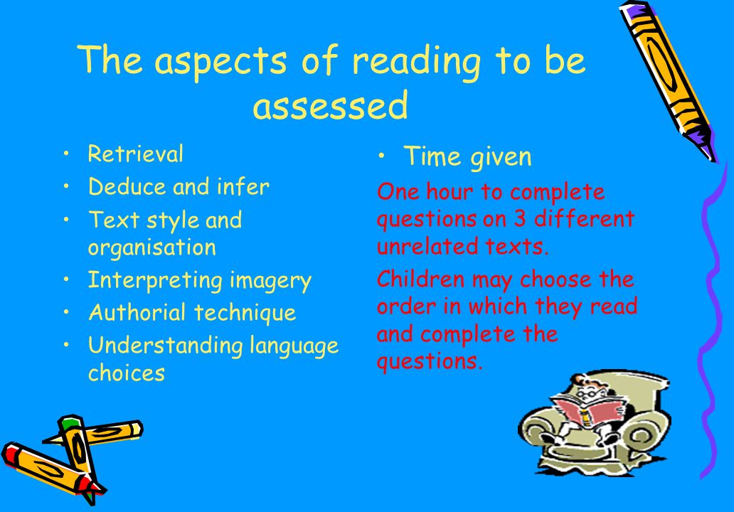 The aspects of reading to be assessed Retrieval Deduce and infer Text style and organisation Interpreting imagery Authorial technique Understanding language choices Time given One hour to complete questions on 3 different unrelated texts.