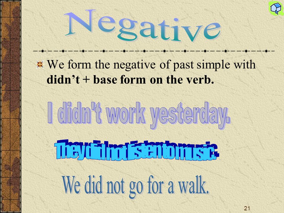 20 The interrogative and negative forms are formed by means of the Past Simple of the auxiliary verb to do (did) and the infinitive of the notional verb without the particle to.
