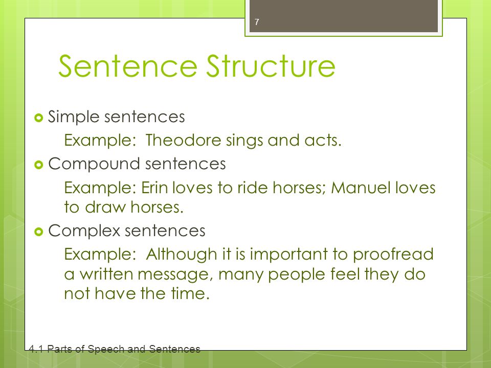 Sentence Structure  Simple sentences Example: Theodore sings and acts.