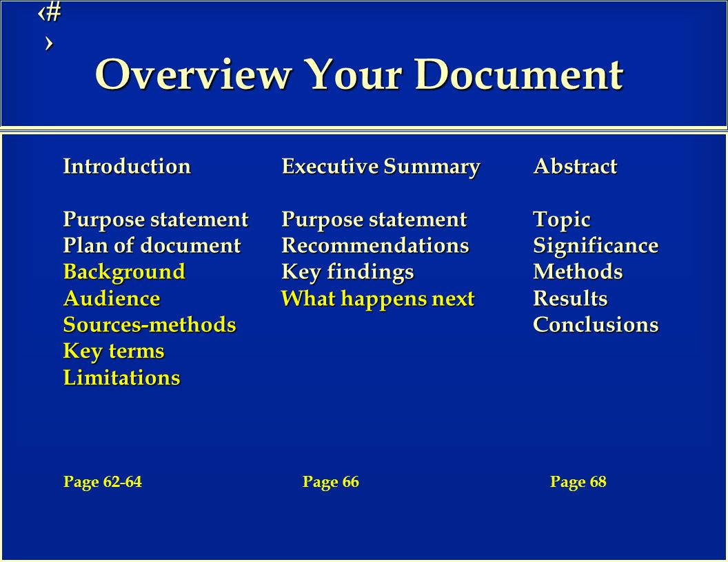 12 Overview Your Document Introduction Executive Summary Abstract Purpose statement Purpose statement Topic Purpose statement Purpose statement Topic Plan of document Recommendations Significance Plan of document Recommendations Significance Background Key findings Methods Background Key findings Methods Audience What happens next Results Audience What happens next Results Sources-methods Conclusions Sources-methods Conclusions Key terms Key terms Limitations Limitations Page 66Page 62-64Page 68